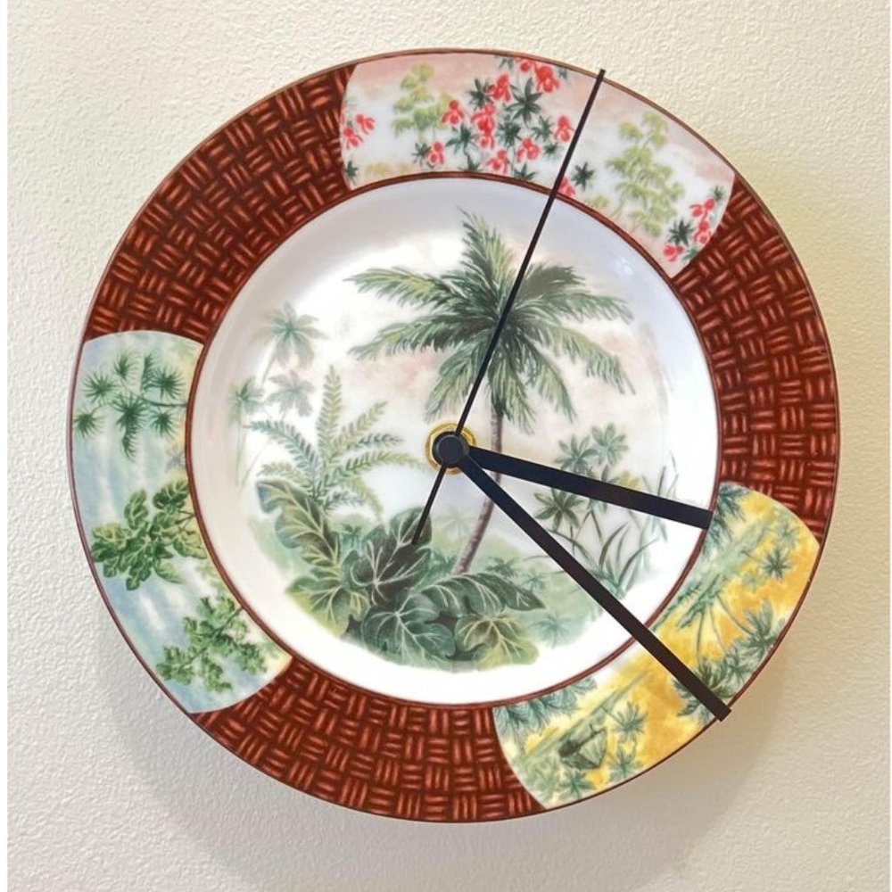Plate Clock - Palm Tree Vintage Dinner Plate Clock - 7.5" diameter squared hands
